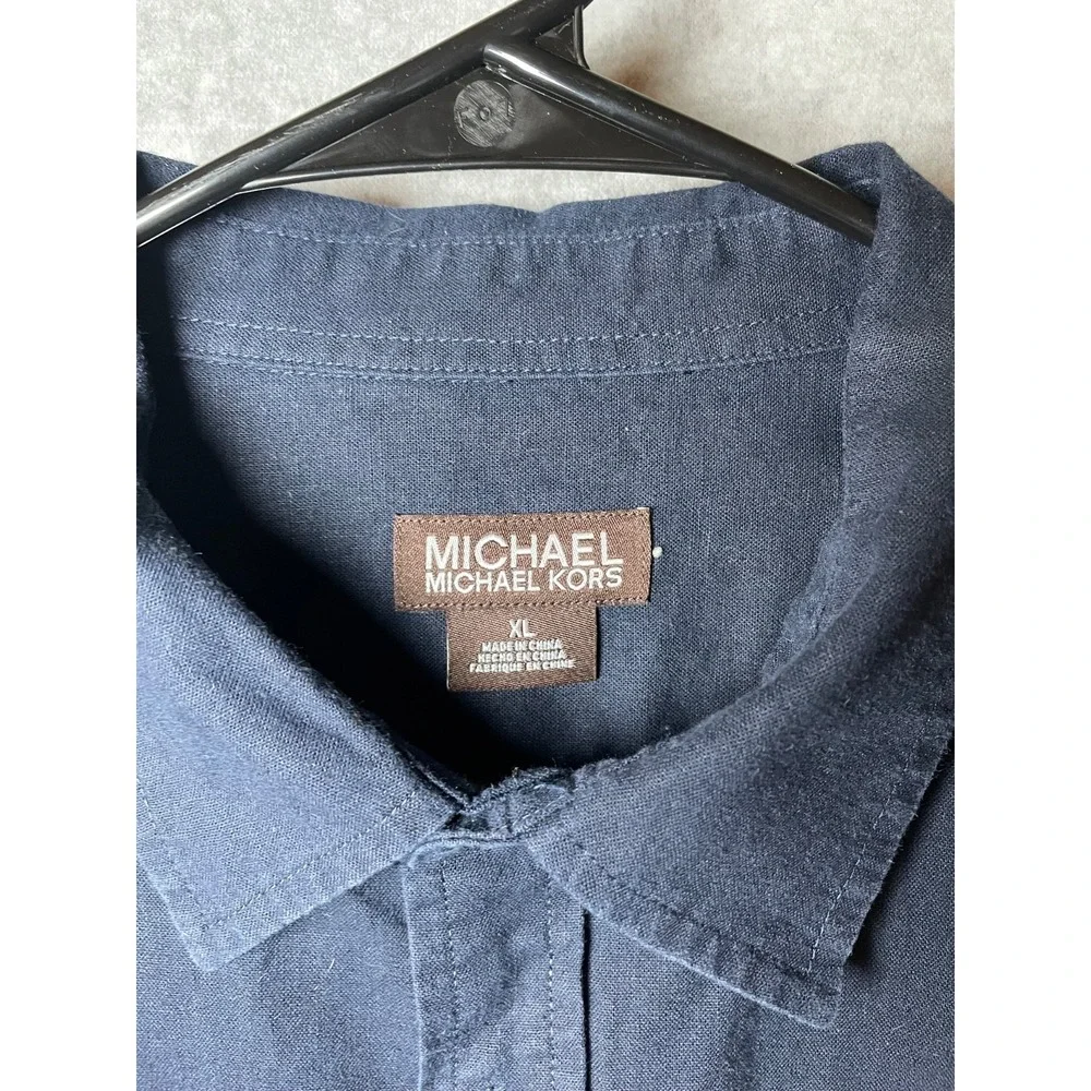 Michael Kors Mens Shirt XL Navy Roll Tab Sleeve Linen Cotton Blend Button Up